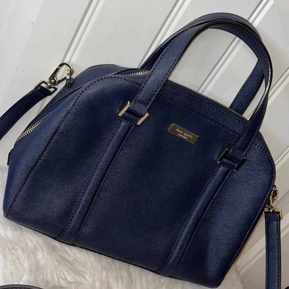 Kate Spade Small Felix Satchel purse Bag pebbled leather Navy blue classic